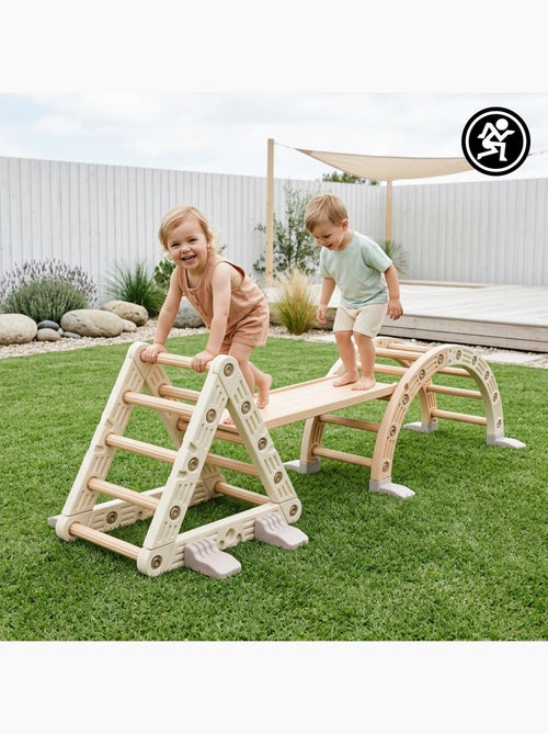 Parque infantil modular 3 en 1 - para niños con triángulo de escalada, tobogán y arco de equilibrio - Kiabi Parque infantil modular 3 en 1 - para niños con triángulo de escalada, tobogán y arco de equilibrio - Kiabi