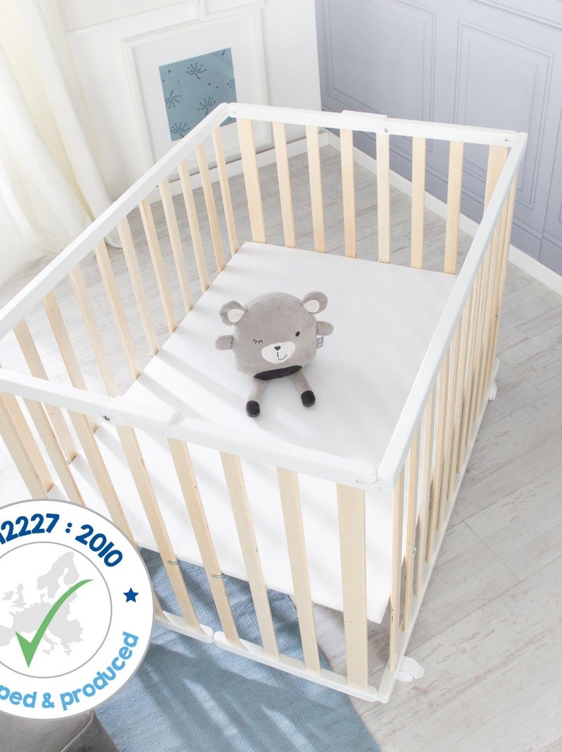 Parque plegable rectangular en madera maciza con ruedas con freno - ROBA Blanco Marrón - Kiabi