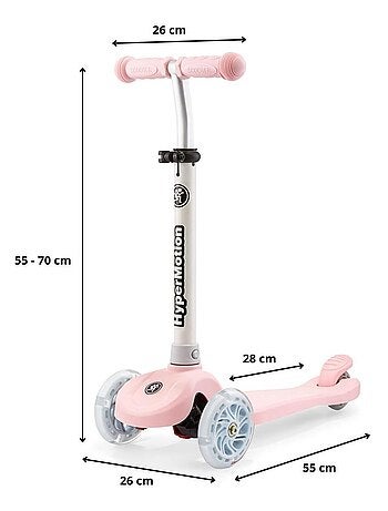 Patinete 3 ruedas led rosa ajustable máx 50kg hypermotion