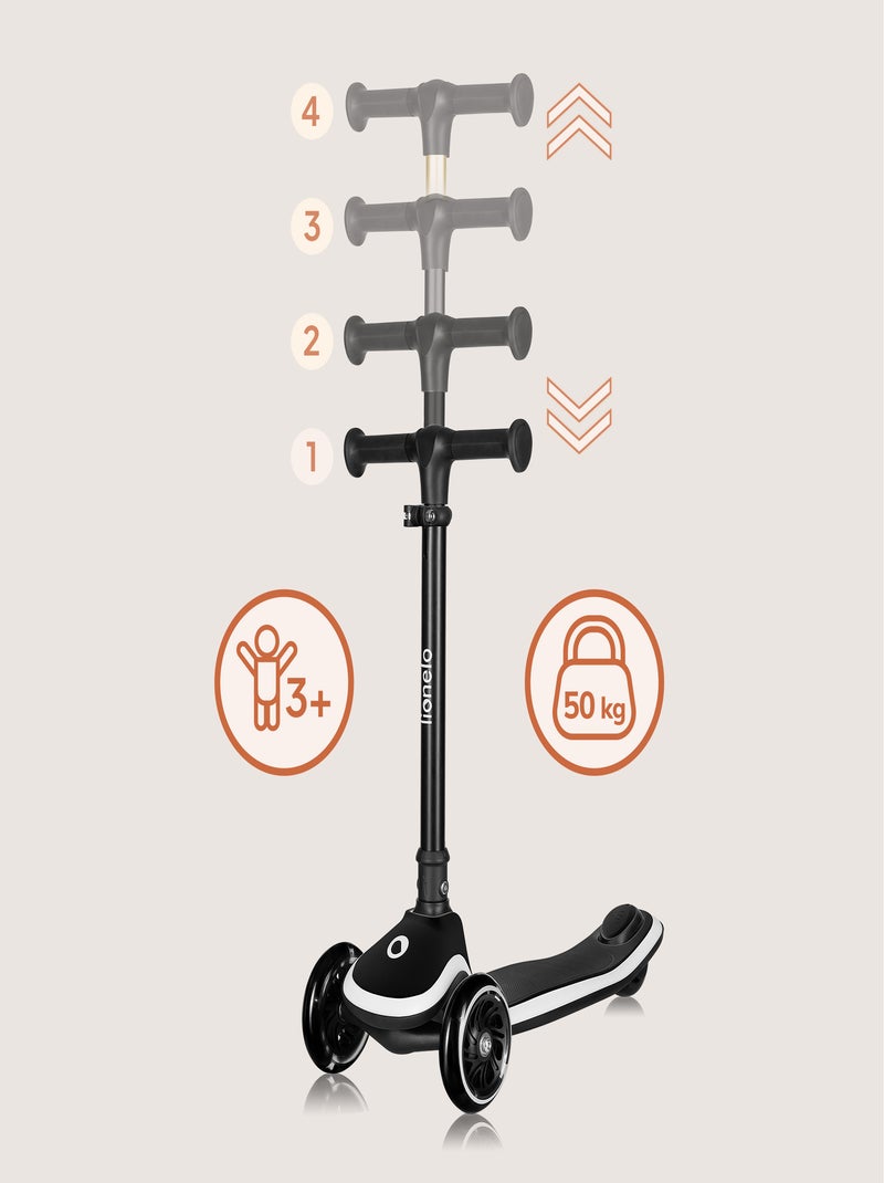 Patinete de 3 ruedas LIONELO Mey - Ruedas iluminadas - Plegable - Altura ajustable - Cesta incluida Negro - Kiabi