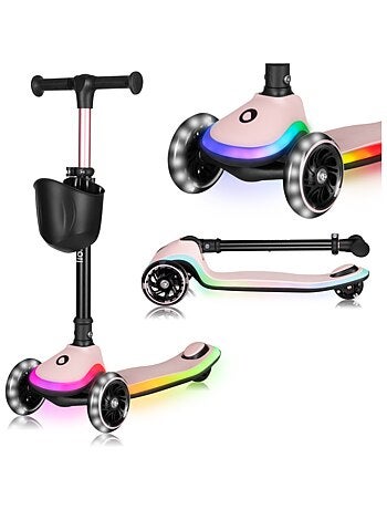 Patinete de 3 ruedas LIONELO Mey - Ruedas iluminadas - Plegable - Altura ajustable - Cesta incluida