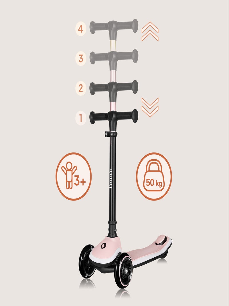 Patinete de 3 ruedas LIONELO Mey - Ruedas iluminadas - Plegable - Altura ajustable - Cesta incluida Rosa - Kiabi