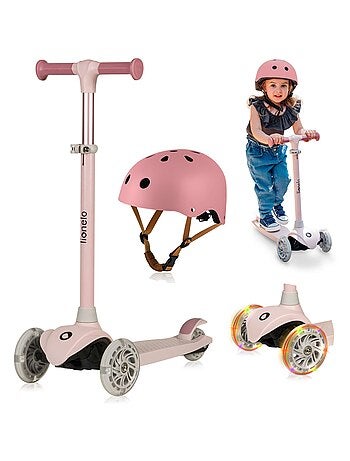 Patinete infantil LIONELO Jessy con casco - Ruedas iluminadas - 3 ruedas - Altura regulable