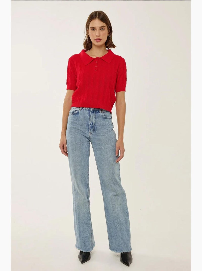 Patrón de top de punto con cuello camisero y trenza de pelo hiccup Rojo - Kiabi