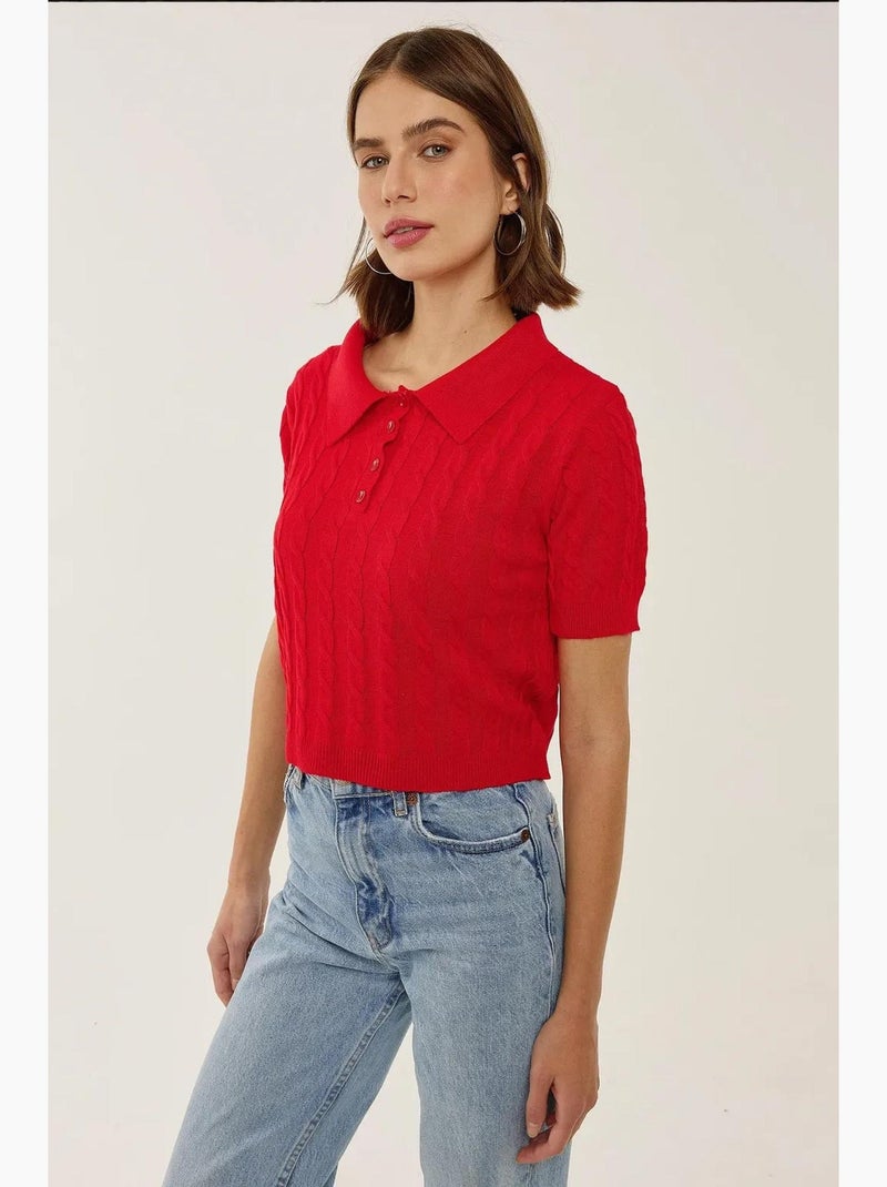 Patrón de top de punto con cuello camisero y trenza de pelo hiccup Rojo - Kiabi