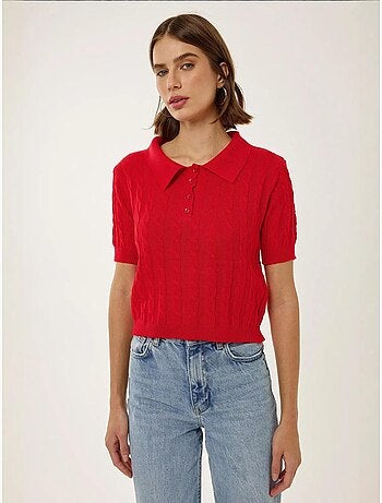 Patrón de top de punto con cuello camisero y trenza de pelo