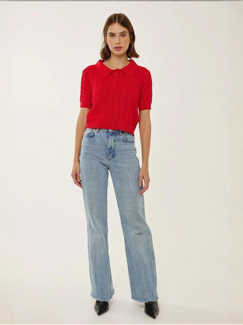 Patrón de top de punto con cuello camisero y trenza de pelo Rojo - Kiabi