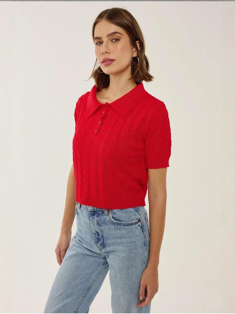 Patrón de top de punto con cuello camisero y trenza de pelo Rojo - Kiabi