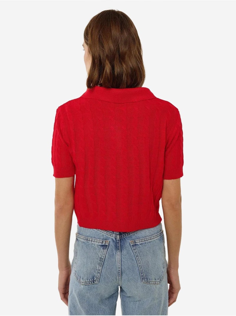 Patrón de top de punto con cuello camisero y trenza de pelo Rojo - Kiabi
