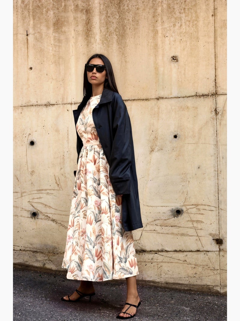 Patterned a-line midi dress with crew neck hiccup Crema - Kiabi
