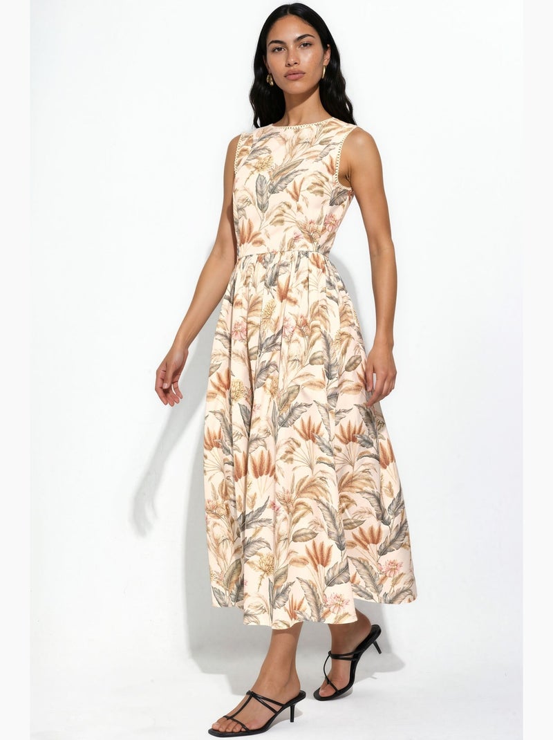 Patterned a-line midi dress with crew neck hiccup Crema - Kiabi