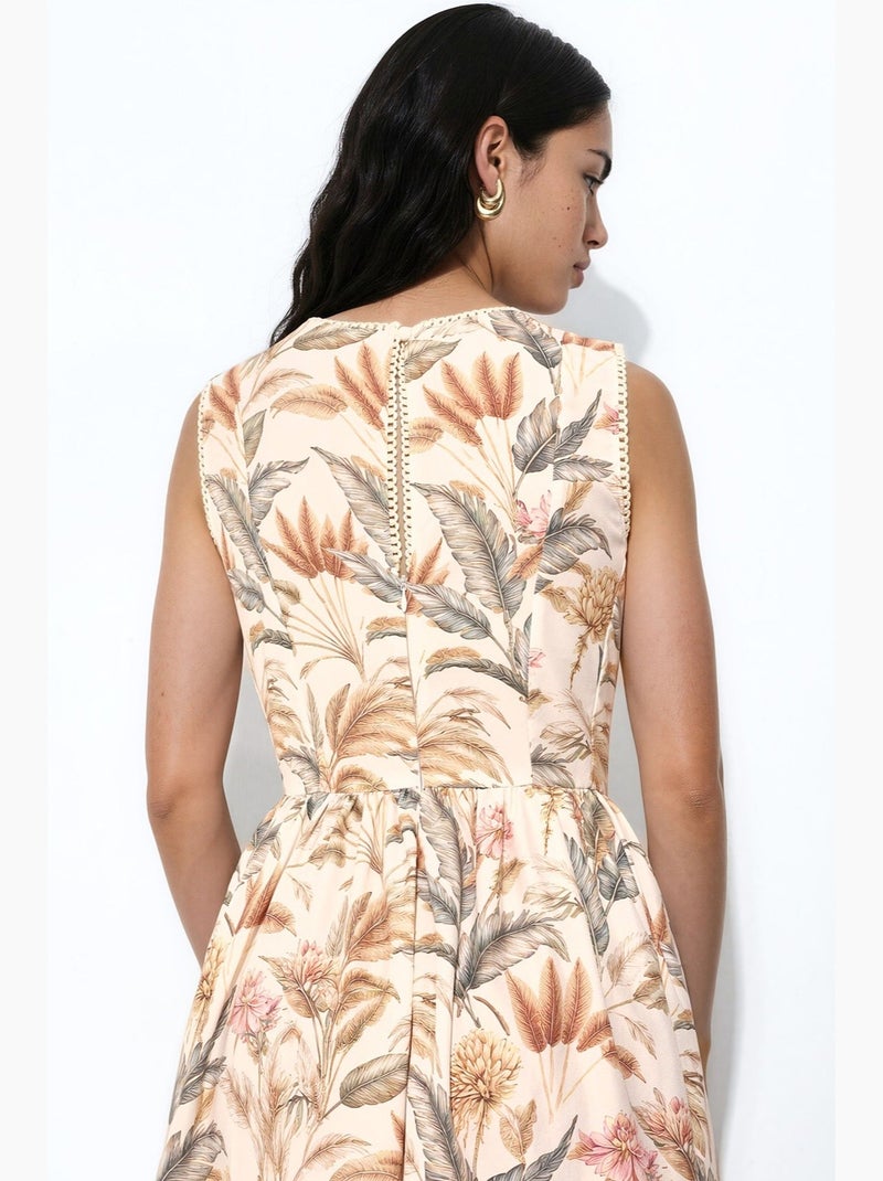 Patterned a-line midi dress with crew neck hiccup Crema - Kiabi