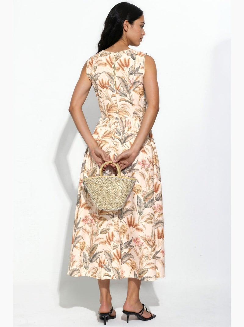 Patterned a-line midi dress with crew neck hiccup Crema - Kiabi