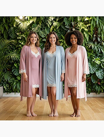 Picardias y kimono mujer 2 piezas viscosa encaje floral cinturón ozabi