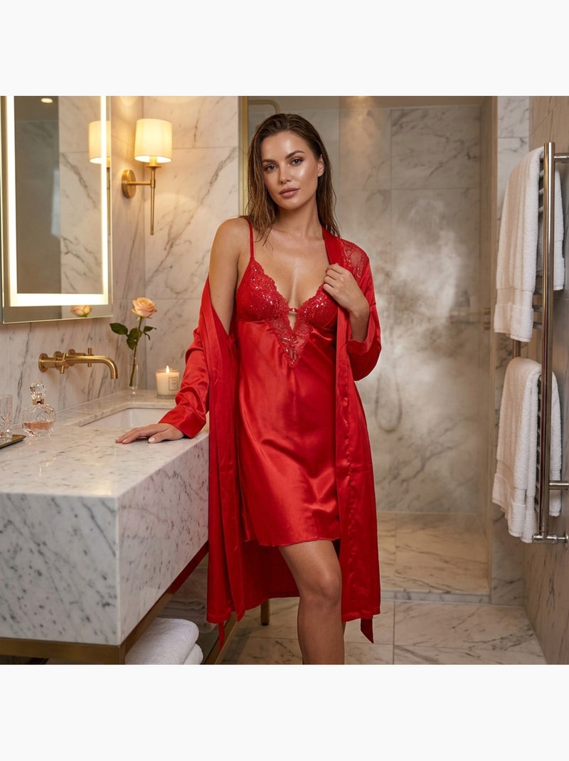Picardias y kimono mujer satén efecto seda encaje lentejuelas ozabi Rojo - Kiabi