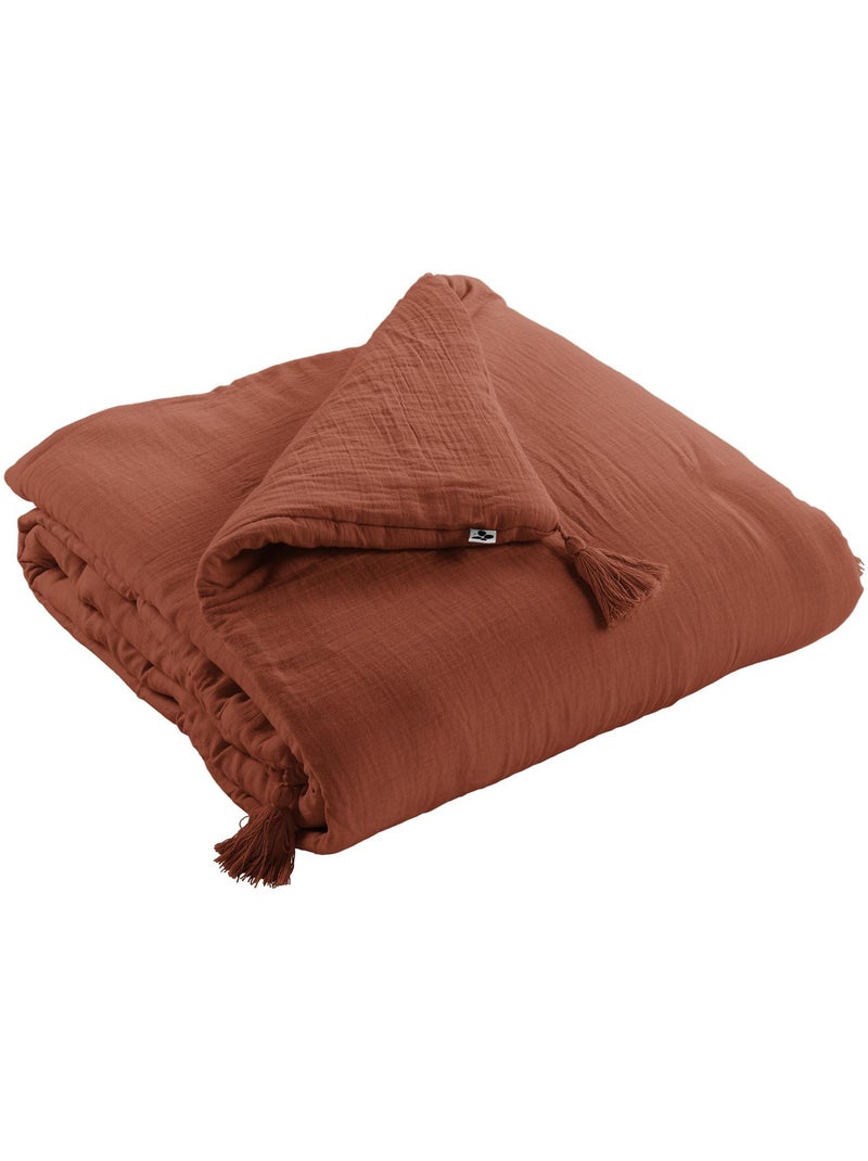 Pie de cama - doble gasa de algodón -  acabado pompón - gaïa Terracota - Kiabi