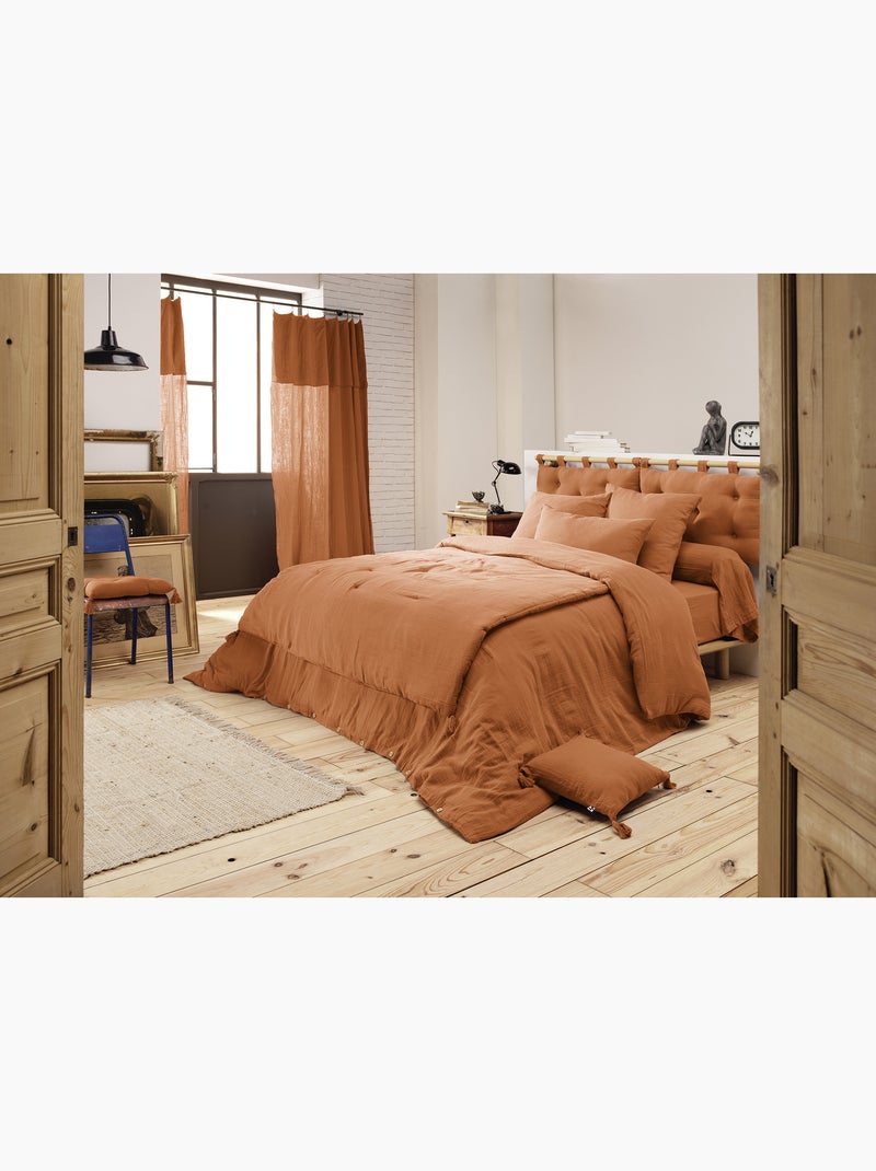 Pie de cama – doble gasa de algodón lisa - acabado pompón - gaïa Albaricoque - Kiabi