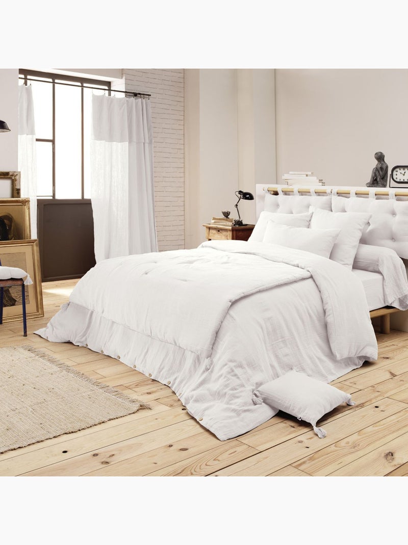 Pie de cama – doble gasa de algodón lisa - acabado pompón - gaïa Blanco - Kiabi