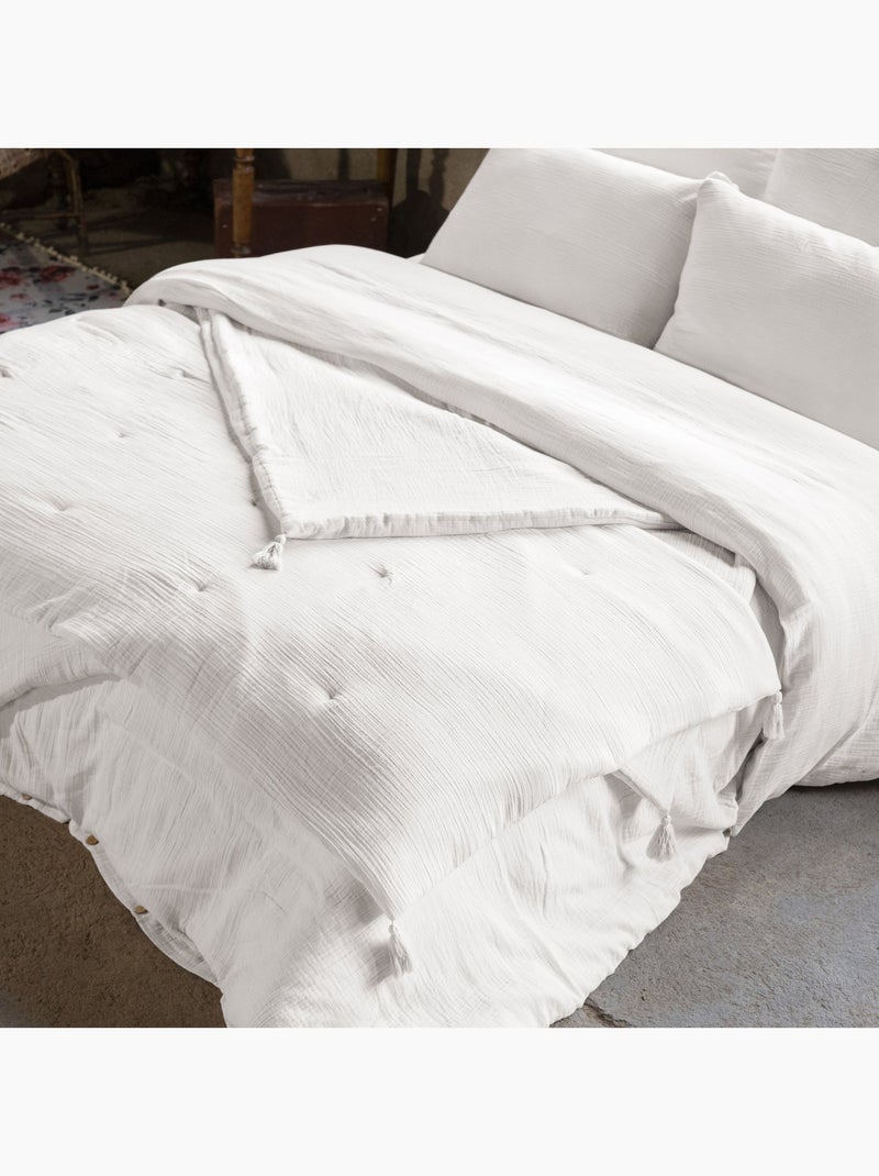 Pie de cama – doble gasa de algodón lisa - acabado pompón - gaïa Blanco - Kiabi