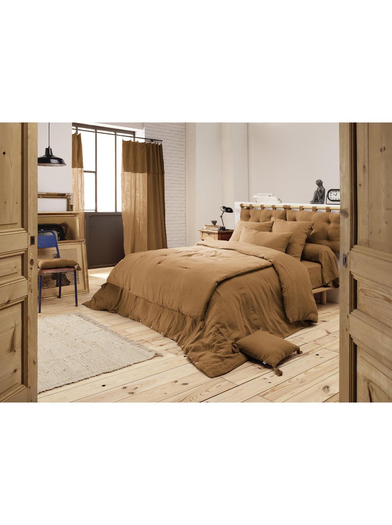 Pie de cama – doble gasa de algodón lisa - acabado pompón - gaïa Camel - Kiabi