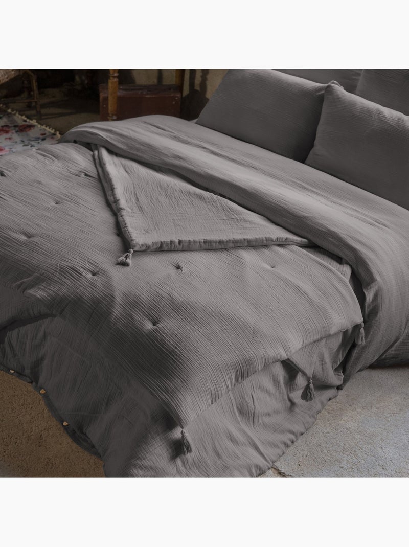 Pie de cama – doble gasa de algodón lisa - acabado pompón - gaïa Gris granito - Kiabi