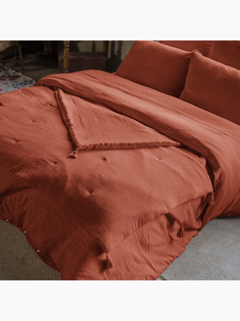 Pie de cama – doble gasa de algodón lisa - acabado pompón - gaïa Terracota - Kiabi