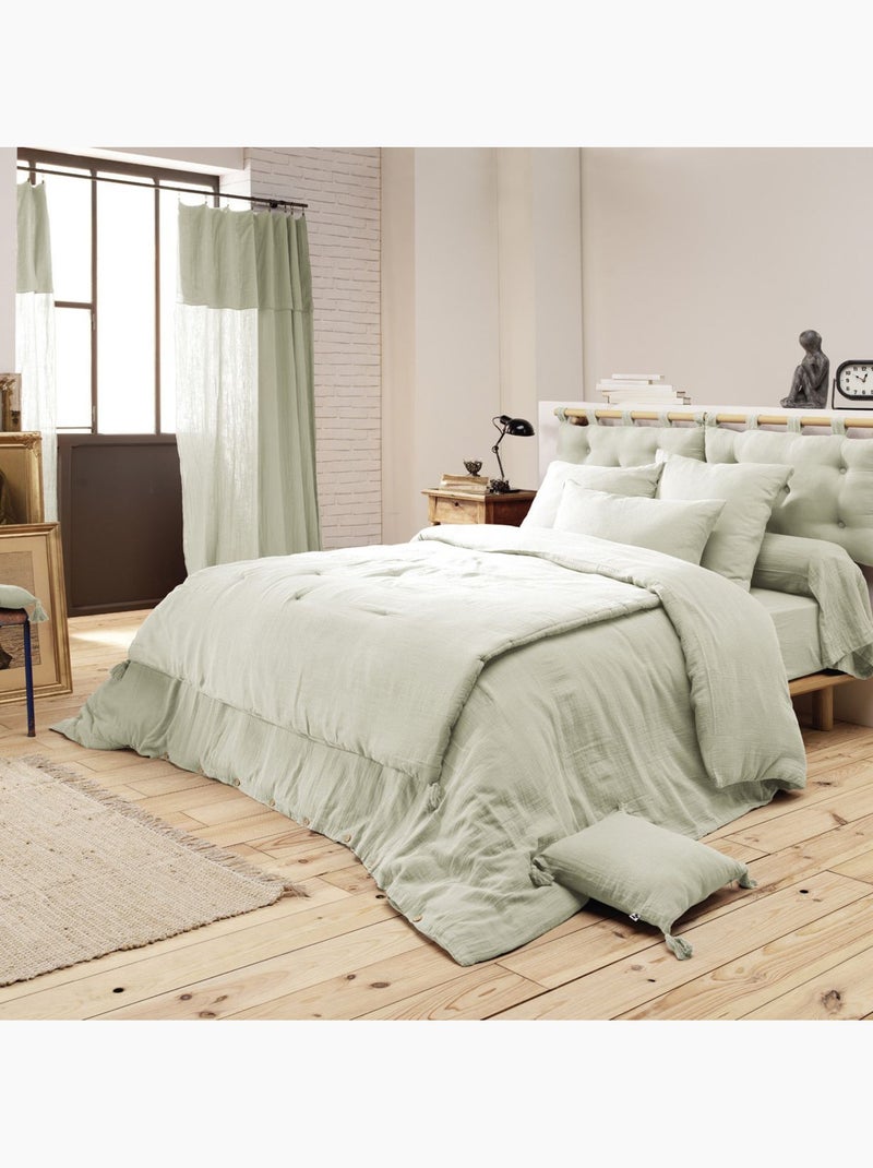 Pie de cama – doble gasa de algodón lisa - acabado pompón - gaïa Verde agua - Kiabi