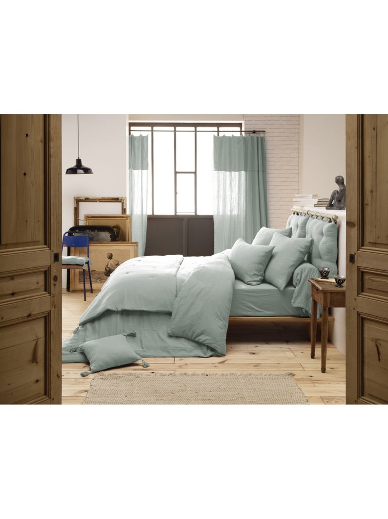 Pie de cama – doble gasa de algodón lisa - acabado pompón - gaïa Verde eucalipto - Kiabi