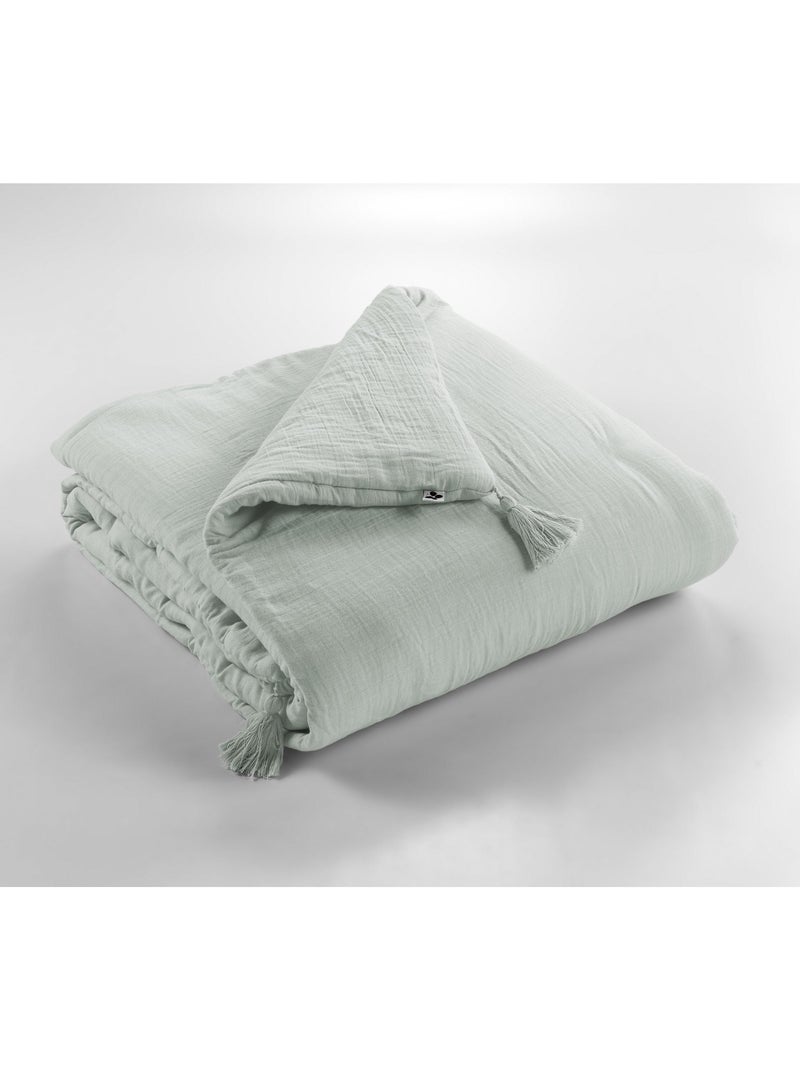 Pie de cama – doble gasa de algodón lisa - acabado pompón - gaïa Verde eucalipto - Kiabi