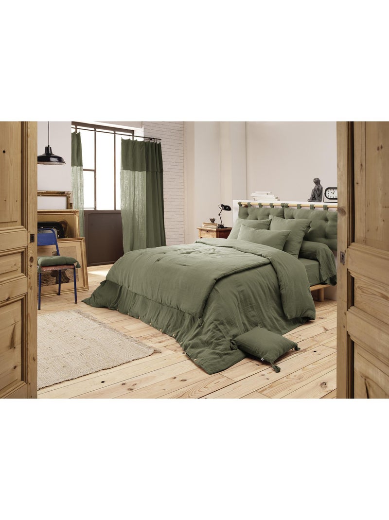 Pie de cama – doble gasa de algodón lisa - acabado pompón - gaïa Verde romero - Kiabi