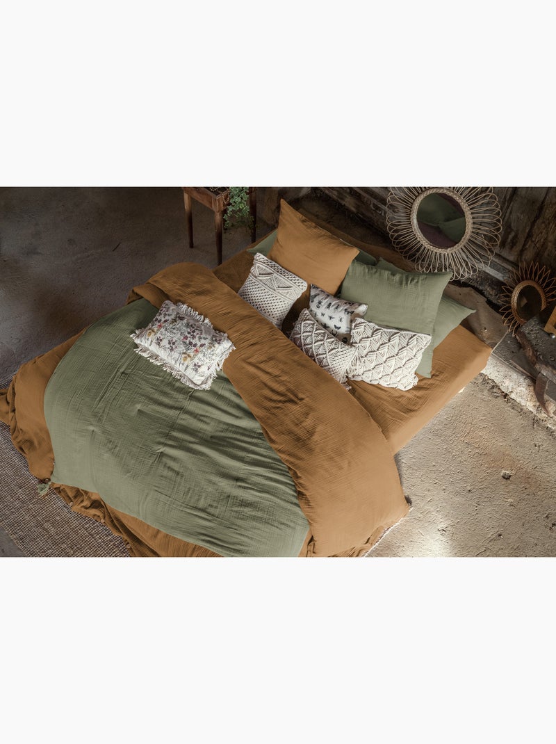 Pie de cama – doble gasa de algodón lisa - acabado pompón - gaïa Verde romero - Kiabi