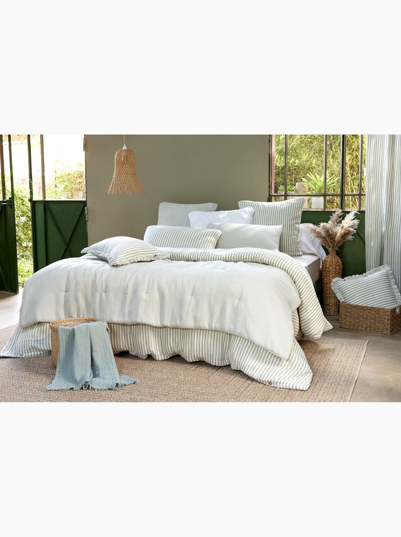 Pie de cama reversible gasa de algodón tejida teñida livia Verde claro - Kiabi