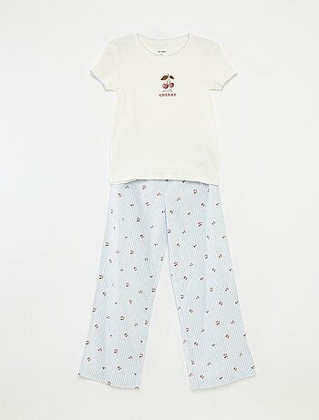 Pijama 2 piezas de algodón con camiseta de canalé + pantalón de popelina - 2 piezas