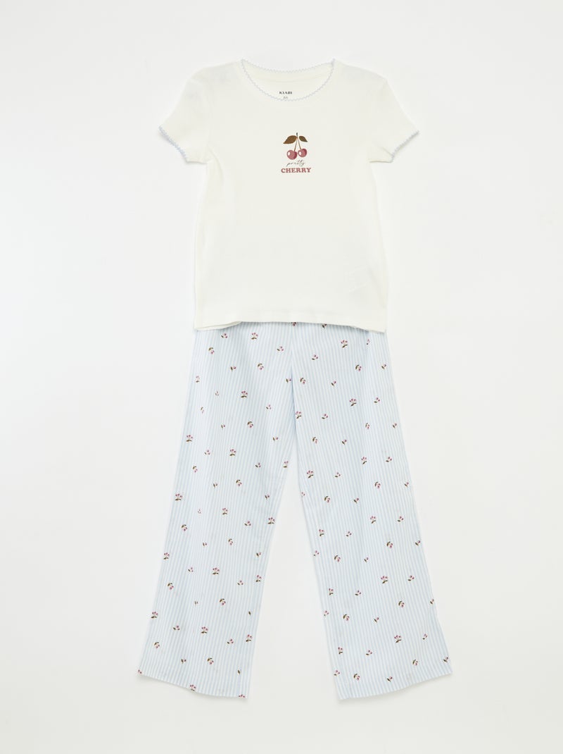 Pijama 2 piezas de algodón con camiseta de canalé + pantalón de popelina - 2 piezas Blanco - Kiabi