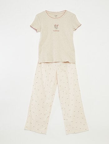 Pijama 2 piezas de algodón con camiseta de canalé + pantalón de popelina - 2 piezas