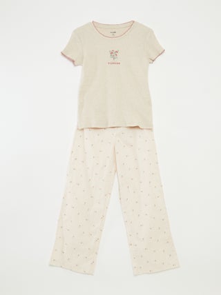 Pijama 2 piezas de algodón con camiseta de canalé + pantalón de popelina - 2 piezas