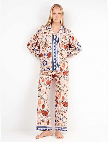Pijama camisero estampado manga abullonada y pantalón palazzo