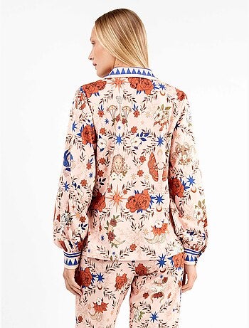 Pijama camisero estampado manga abullonada y pantalón palazzo