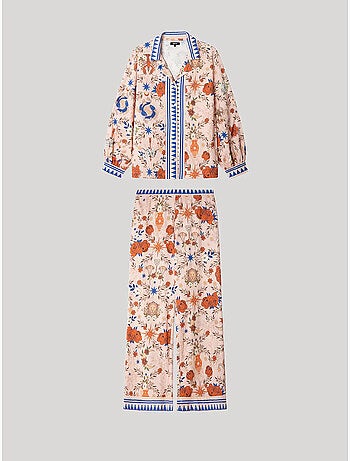 Pijama camisero estampado manga abullonada y pantalón palazzo