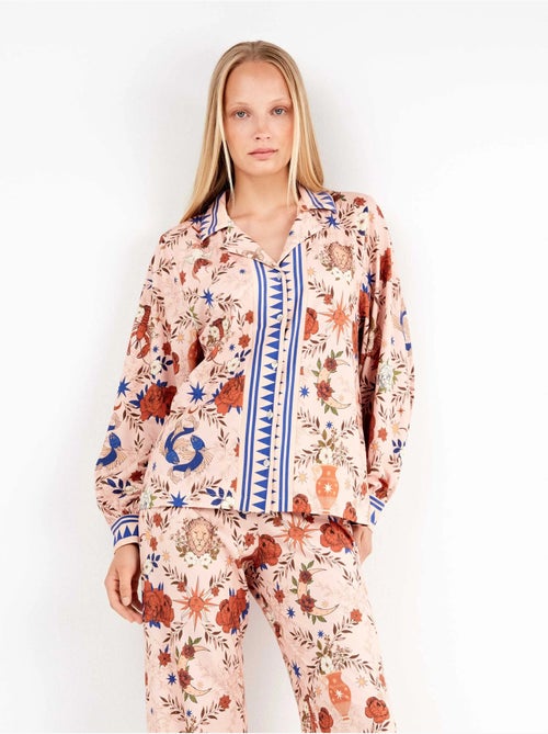 Pijama camisero estampado manga abullonada y pantalón palazzo - Kiabi Pijama camisero estampado manga abullonada y pantalón palazzo - Kiabi