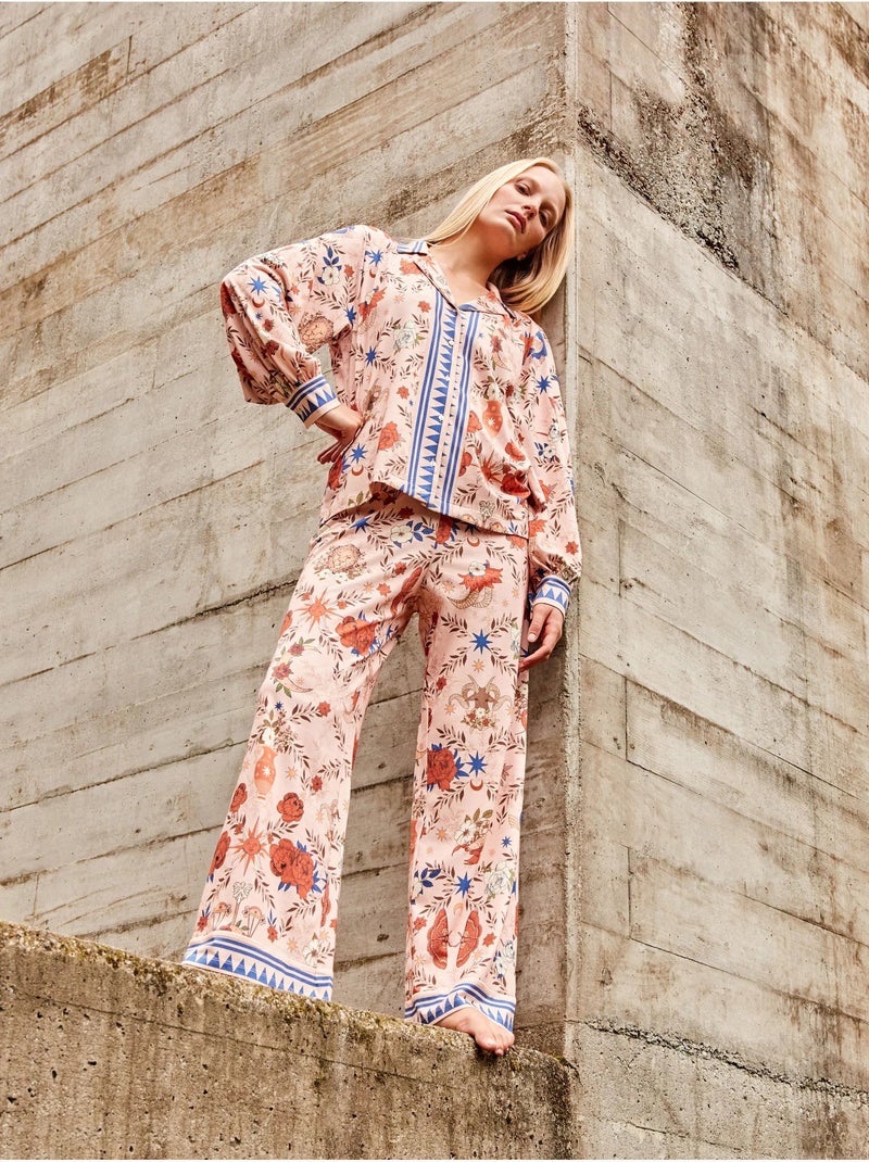 Pijama camisero estampado manga abullonada y pantalón palazzo Multicolor - Kiabi