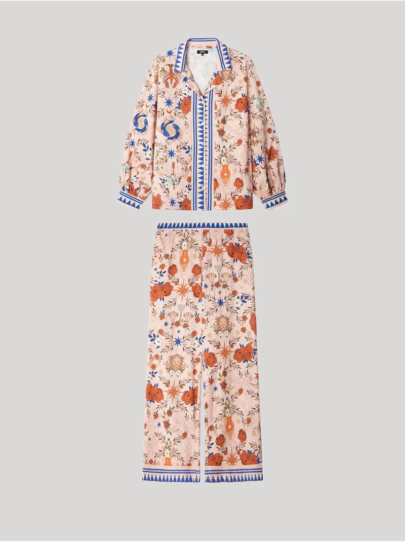 Pijama camisero estampado manga abullonada y pantalón palazzo Multicolor - Kiabi