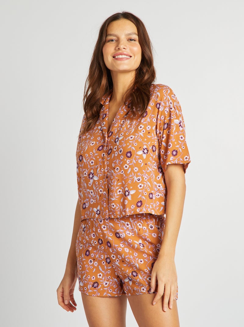 Pijama con blusa + pantalón corto - estampado de flores MARRON - Kiabi