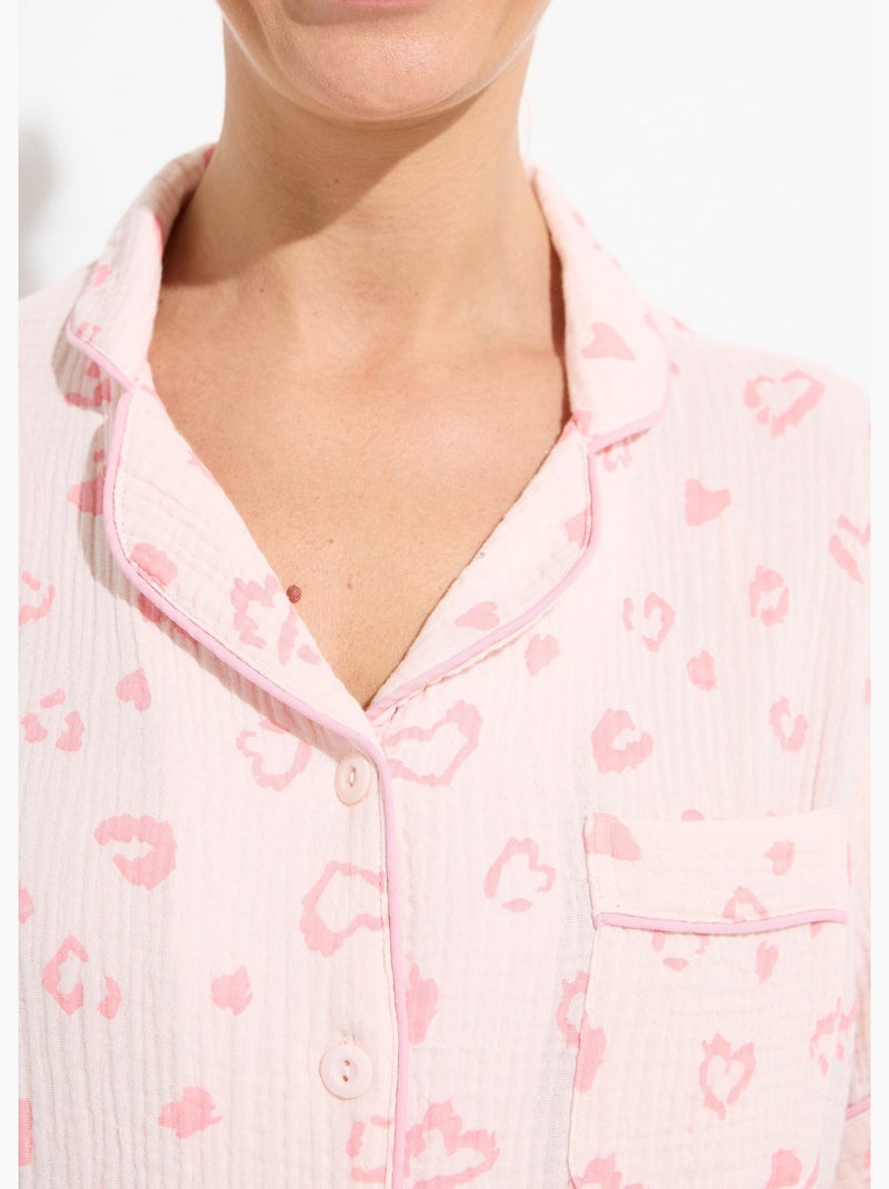 Pijama con botones de gasa de algodón estampada - Afibel Rosa - Kiabi