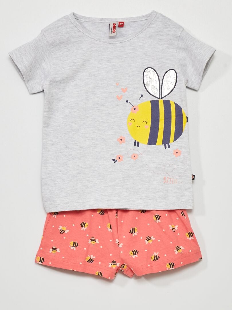 Pijama corto 'abejas' - 2 piezas gris/rosa - Kiabi