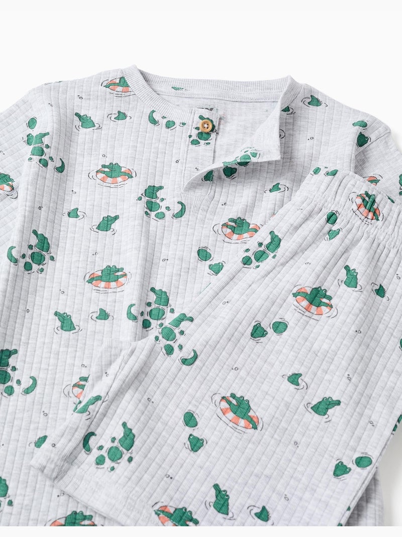 Pijama corto acanalado de algodón con motivo de cocodrilos Gris claro - Kiabi