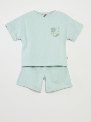 Pijama corto con camiseta con bolsillo + pantalón corto lisos  - 2 piezas