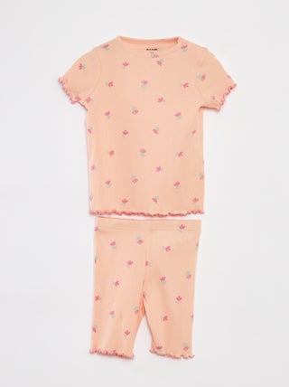 Pijama corto de canalé con bordes festoneados