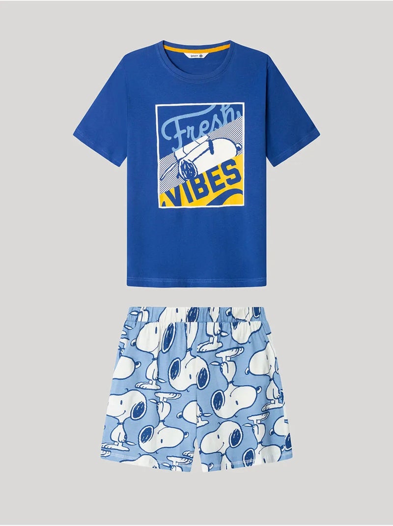 Pijama corto de hombre Snoopy en tejido de algodón Azul marino - Kiabi