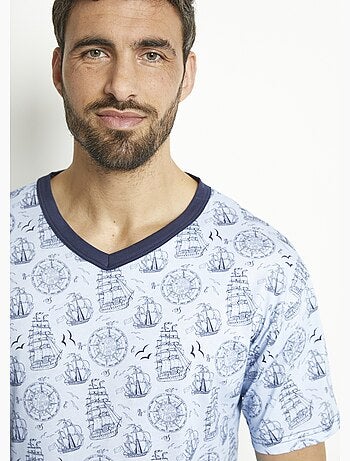 Pijama corto de punto de algodón con cuello de pico - Afibel